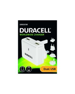 Duracell 230V til 2 x USB oplader 2.4A & 1.0A - Hvid